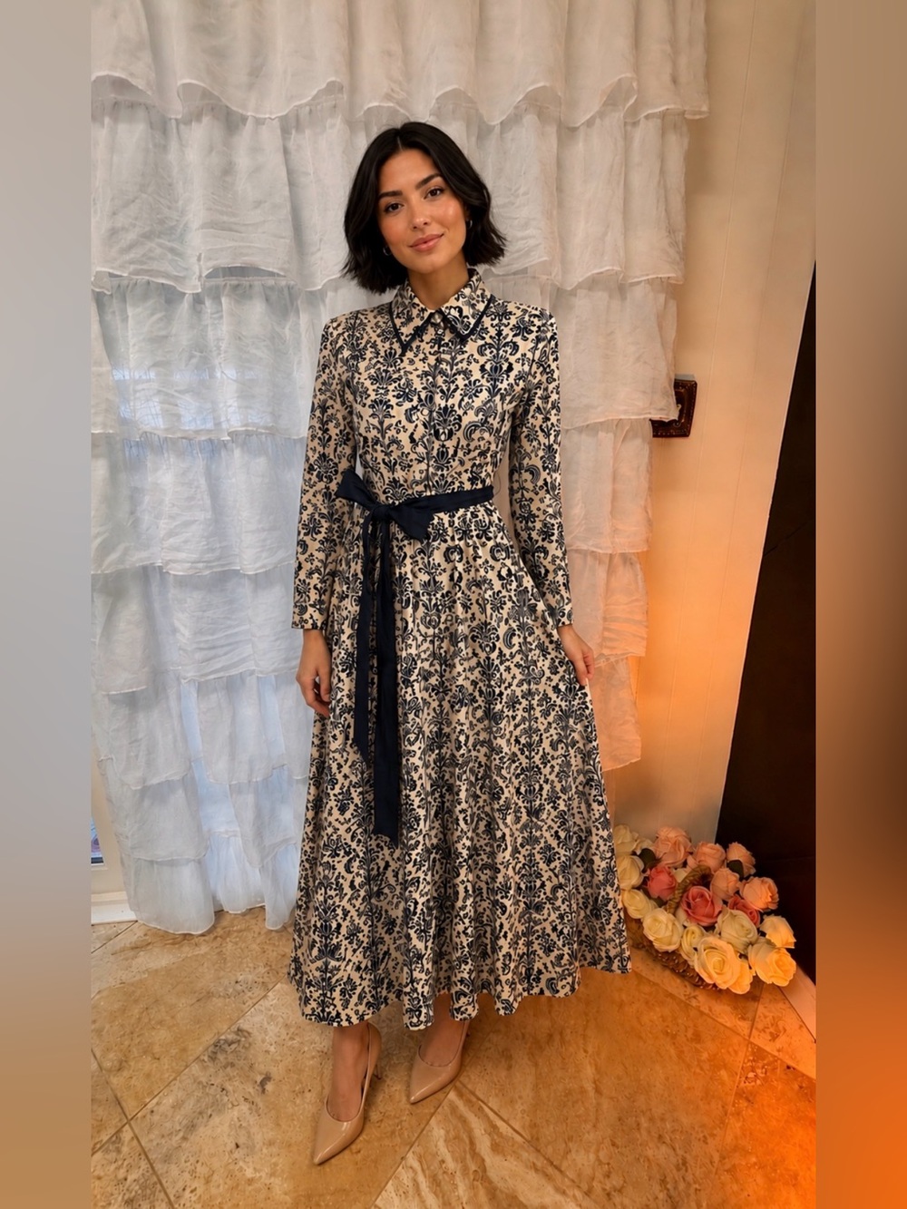 Trish Scully Damask Print Rhinestone Embellished Maxi Skirt Dress